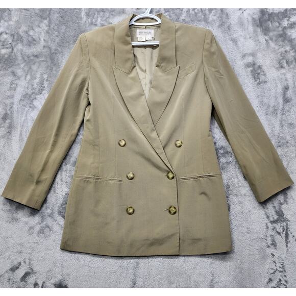 Vintage Hugo Buscati Milano Skirt Suit Womens 6 PETITE Tan Silk Double Breasted - Picture 2 of 14